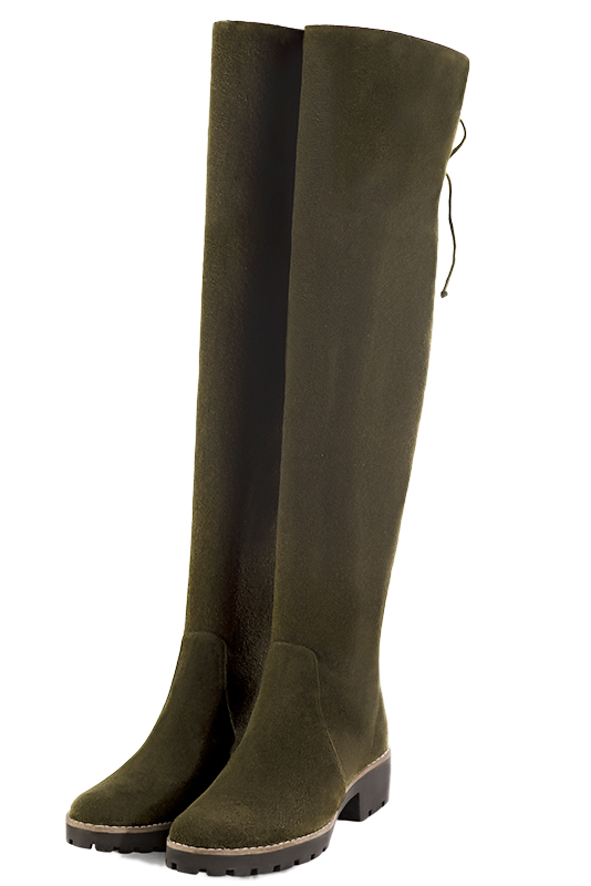 Khaki green women's leather thigh-high boots. Round toe. Low rubber soles. Made to measure. Front view - Florence KOOIJMAN